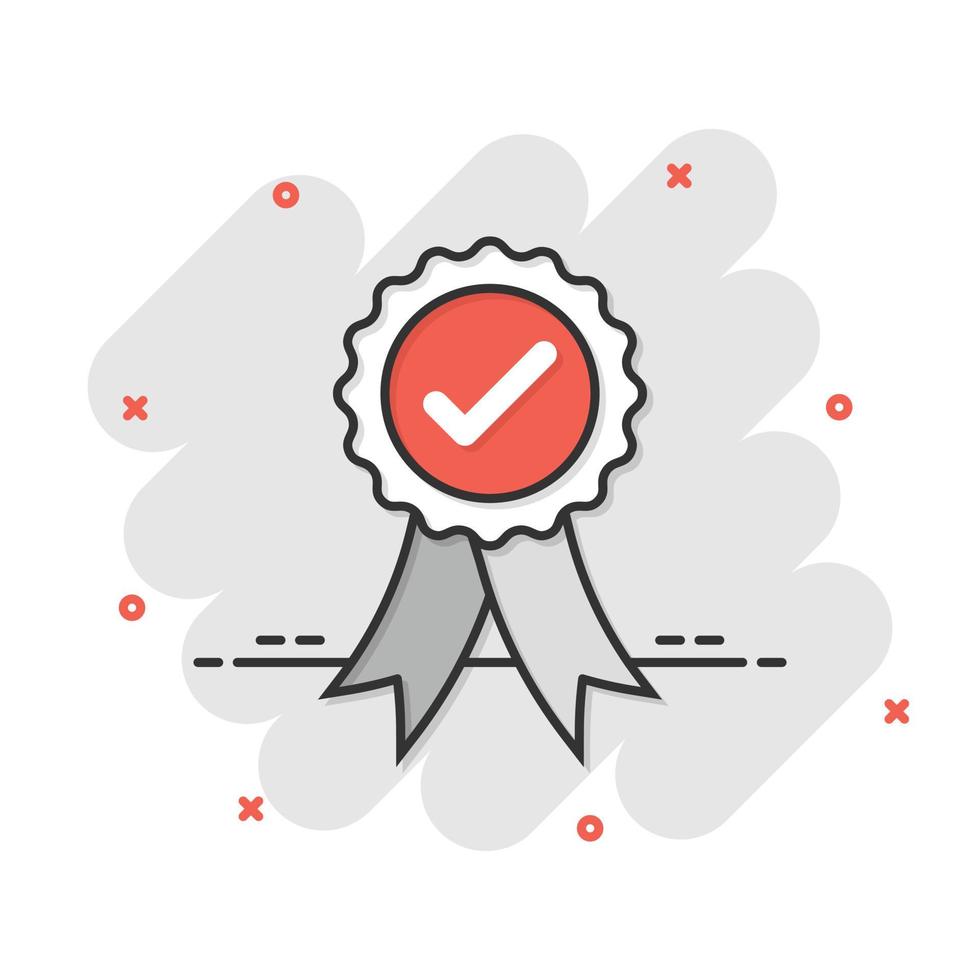 Check mark sign icon in comic style. Confirm button cartoon vector illustration on white isolated background. Accepted splash effect business concept.