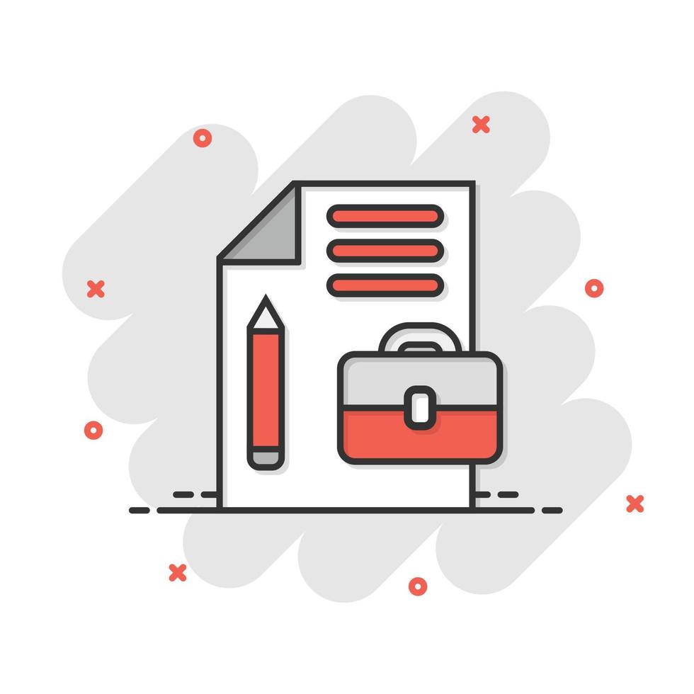 Document note with pen icon in comic style. Paper sheet pencil and briefcase cartoon vector illustration on white background. Notepad document splash effect business concept.