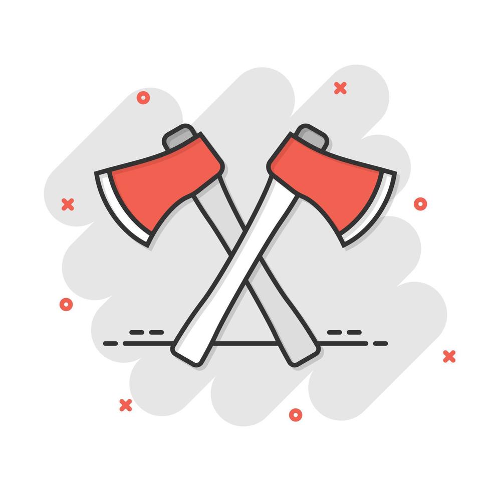 Axe icon in comic style. Lumberjack cartoon vector illustration on white isolated background. Blade splash effect business concept.