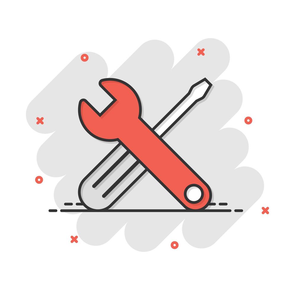 Wrench and screwdriver icon in comic style. Spanner key cartoon vector illustration on white isolated background. Repair equipment splash effect business concept.
