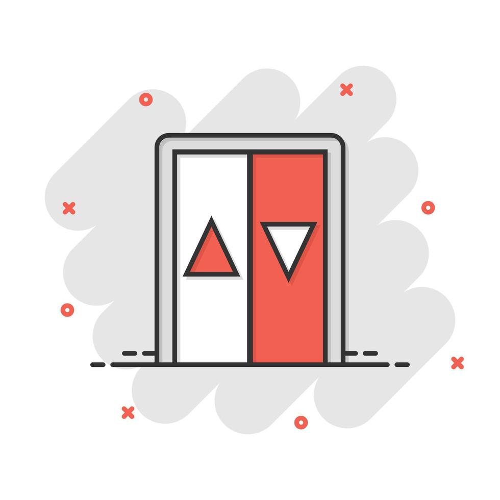 Elevator icon in comic style. Lift cartoon vector illustration on white isolated background. Passenger transportation splash effect business concept.