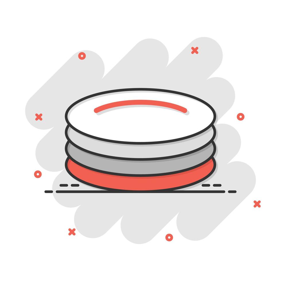Plate icon in comic style. Dish cartoon vector illustration on white isolated background. Tableware splash effect business concept.