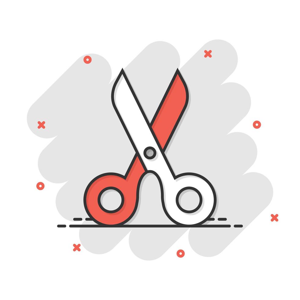 Scissor icon in comic style. Cut equipment cartoon vector illustration on white isolated background. Cutter splash effect business concept.