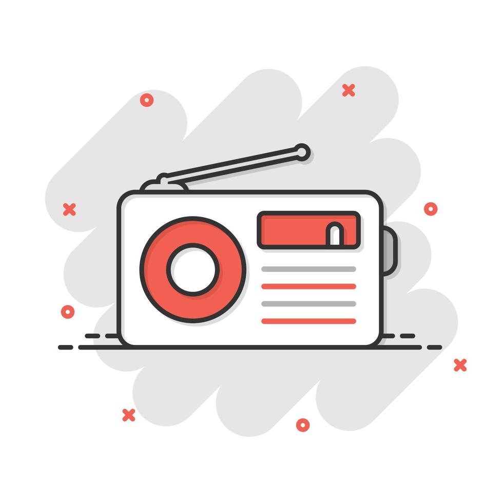 Radio icon in comic style. Fm broadcast cartoon vector illustration on white isolated background. Radiocast splash effect business concept.