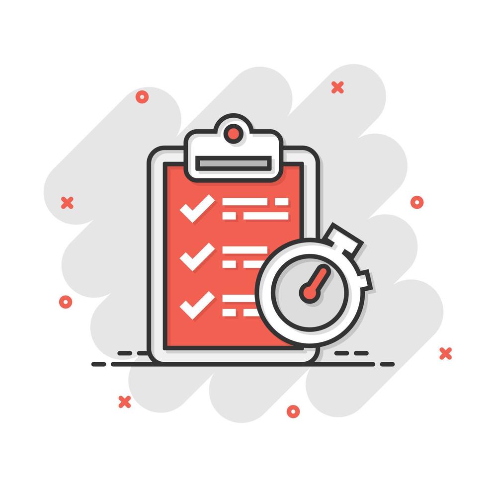 Document witch clock icon in comic style. Checklist survey cartoon vector illustration on white isolated background. Fast service splash effect business concept.