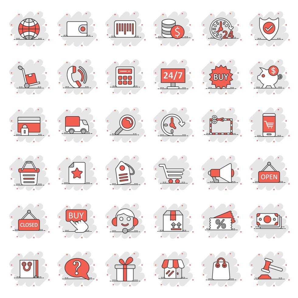 Shopping icon set in comic style. Online commerce cartoon vector illustration on white isolated background. Market store splash effect business concept.