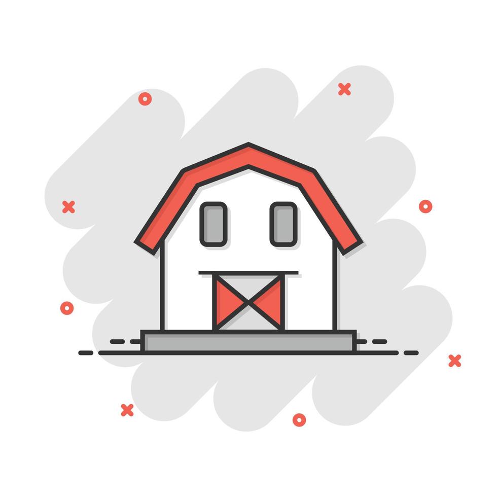 Barn icon in comic style. Farm house cartoon vector illustration on white isolated background. Agriculture storehouse splash effect business concept.