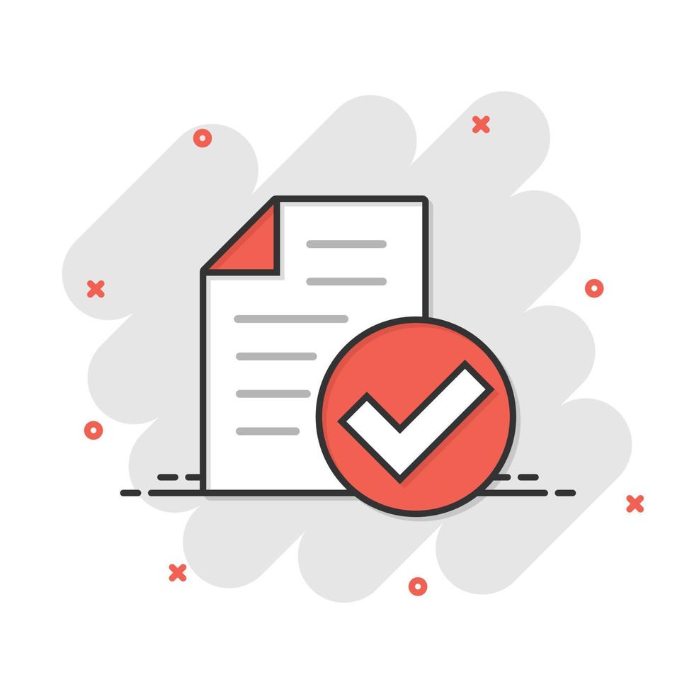 Approved document icon in comic style. Authorize cartoon vector illustration on white isolated background. Agreement check mark splash effect business concept.