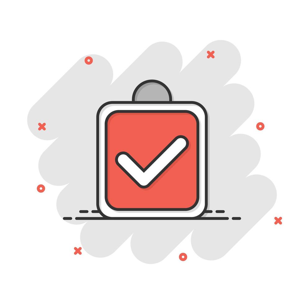 Document checkbox icon in comic style. Test cartoon vector illustration on white isolated background. Contract splash effect business concept.