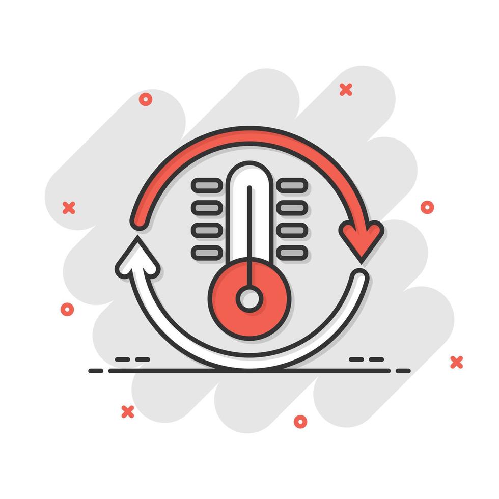 Thermometer climate control icon in comic style. Meteorology balance cartoon vector illustration on white isolated background. Hot, cold temperature splash effect business concept.