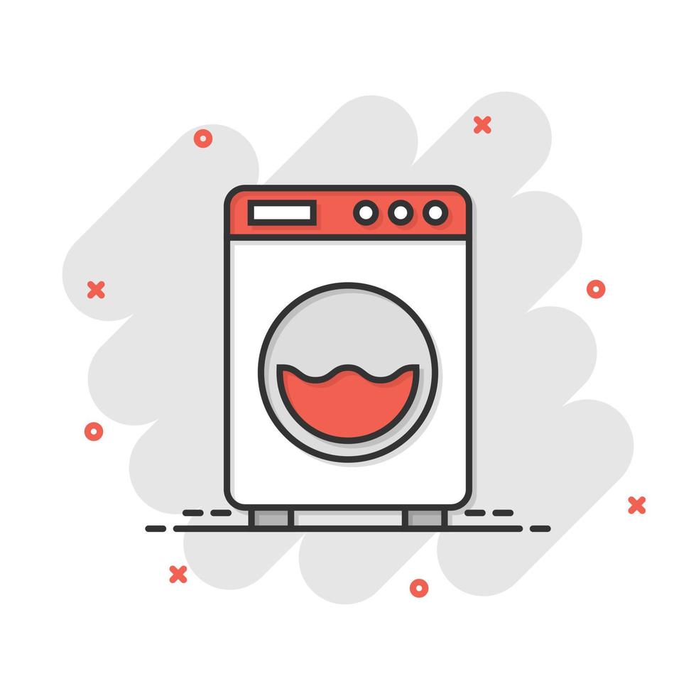 Washing machine icon in comic style. Washer cartoon vector illustration on white isolated background. Laundry splash effect business concept.