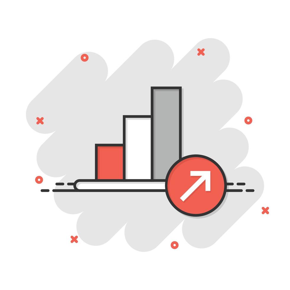 icono de tendencia del mercado en estilo cómico. flecha de crecimiento con ilustración de vector de dibujos animados de lupa sobre fondo blanco aislado. aumentar el concepto de negocio de efecto de salpicadura.