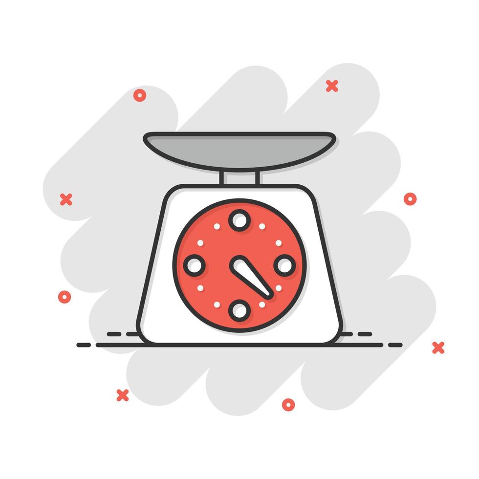 Scale icon in comic style. Kilogram dumbbell cartoon vector illustration on white isolated background. Gym splash effect business concept.