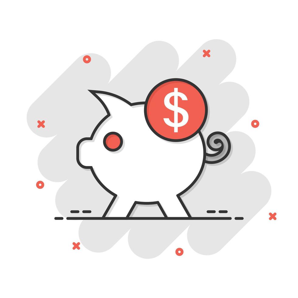 Money box icon in comic style. Pig container cartoon vector illustration on white isolated background. Piggy bank splash effect business concept.