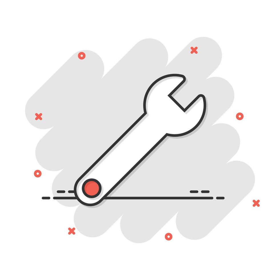 icono de llave inglesa en estilo cómico. llave inglesa ilustración vectorial de dibujos animados sobre fondo blanco aislado. concepto de negocio de efecto de salpicadura de equipo de reparación. vector