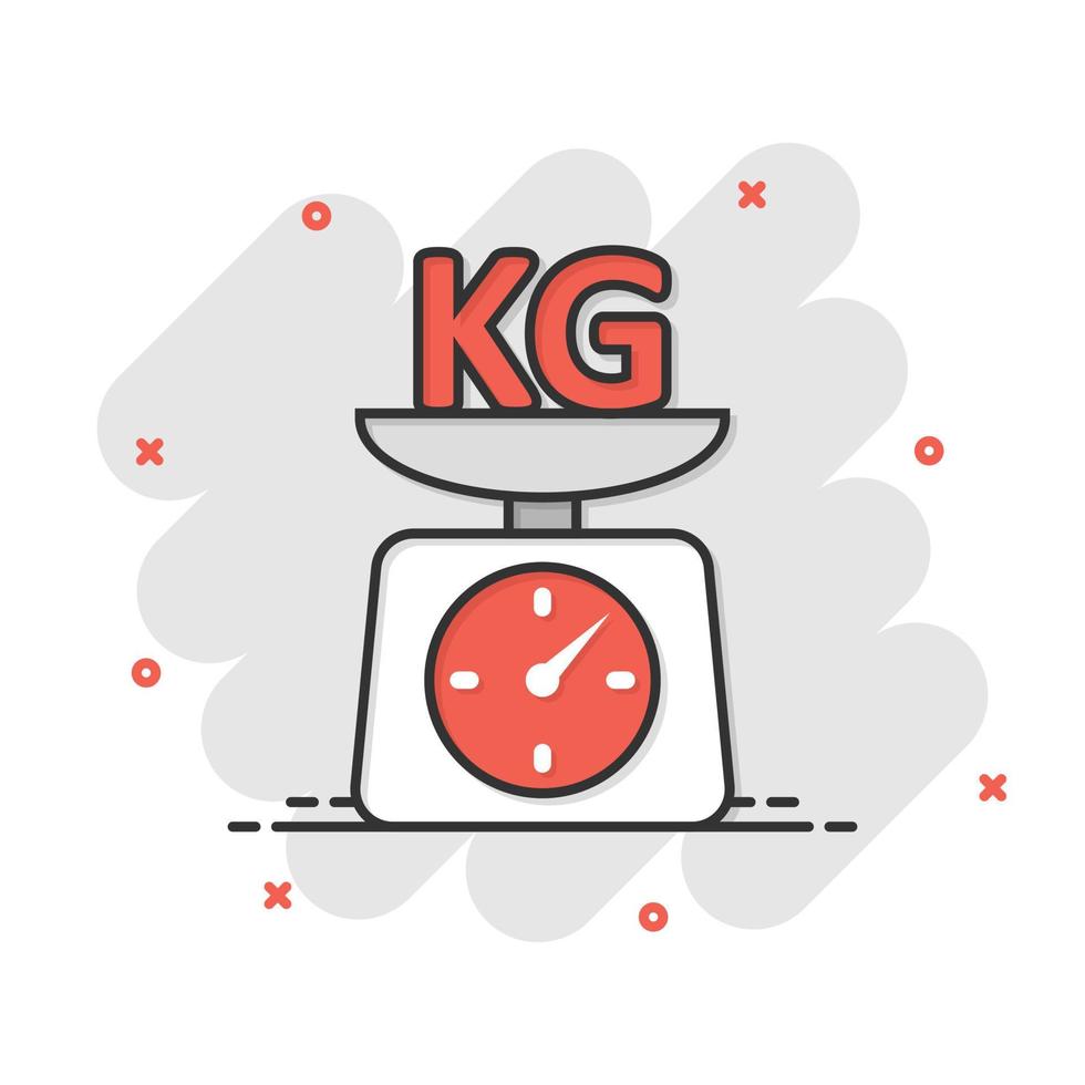 Scale icon in comic style. Kilogram dumbbell cartoon vector illustration on white isolated background. Gym splash effect business concept.