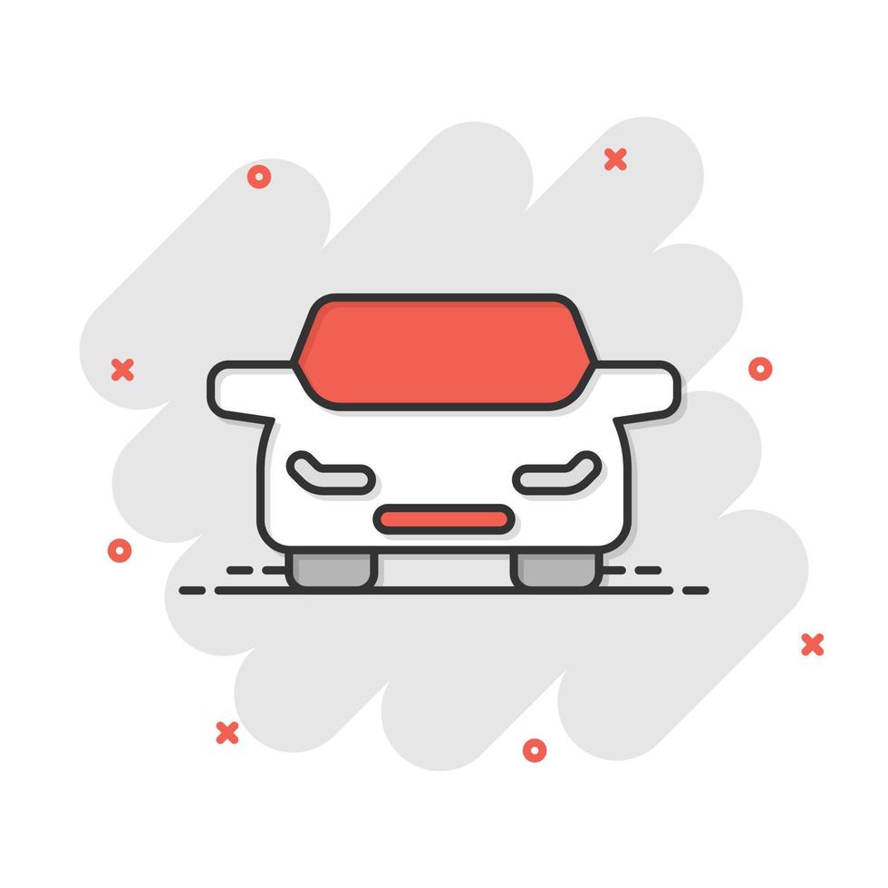 icono de coche en estilo cómico. ilustración de vector de dibujos animados de vehículo de automóvil sobre fondo blanco aislado. concepto de negocio de efecto de salpicadura de sedán.