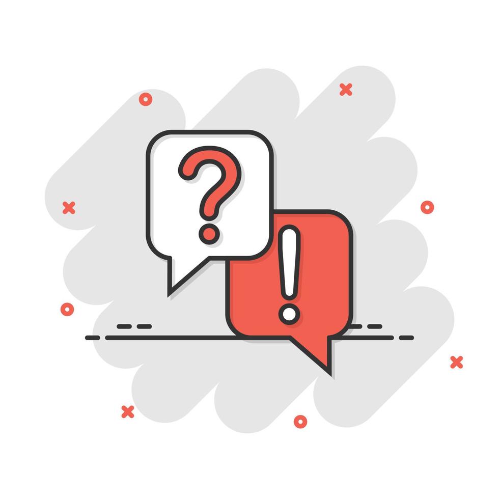 Question and answer icon in comic style. Dialog speech bubble cartoon vector illustration on white isolated background. Forum chat splash effect business concept.