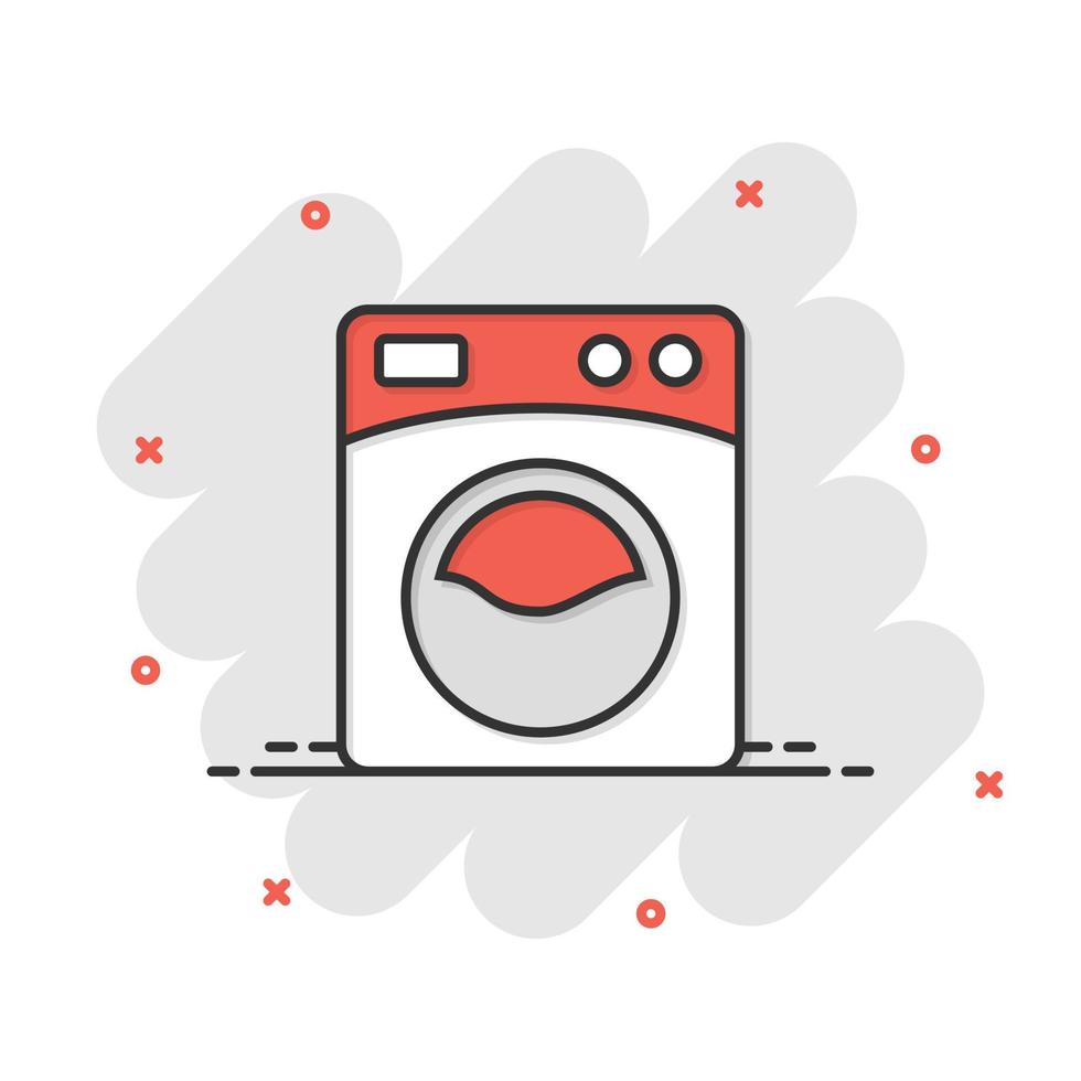 Washing machine icon in comic style. Washer cartoon vector illustration on white isolated background. Laundry splash effect business concept.