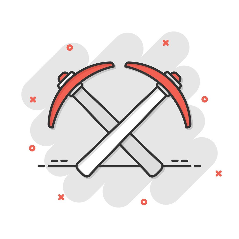 Axe icon in comic style. Lumberjack cartoon vector illustration on white isolated background. Blade splash effect business concept.