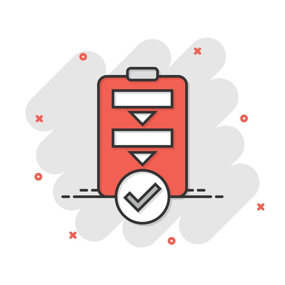 Procedure list icon in comic style. Document project cartoon vector illustration on white isolated background. Checklist splash effect business concept.