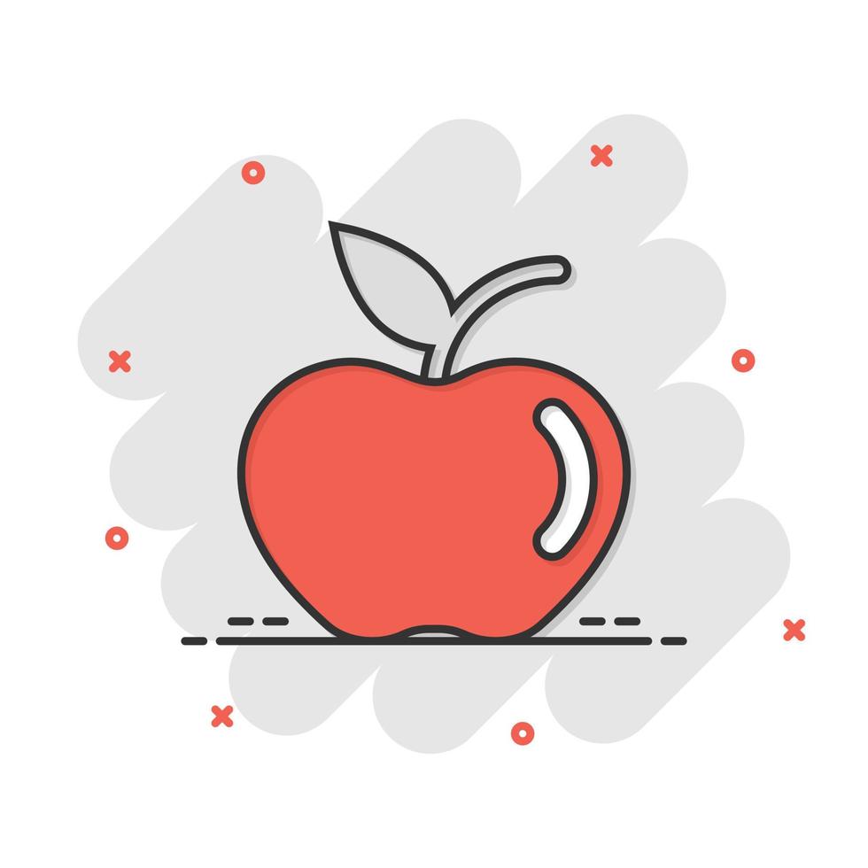 icono de manzana en estilo cómico. ilustración de vector de dibujos animados de fruta fresca sobre fondo blanco aislado. concepto de negocio de efecto de salpicadura de comida jugosa.