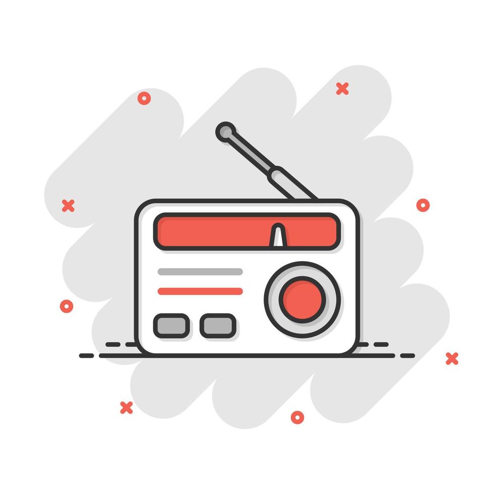 icono de radio en estilo cómico. ilustración de vector de dibujos animados de transmisión fm sobre fondo blanco aislado. concepto de negocio de efecto de salpicadura de radiodifusión.