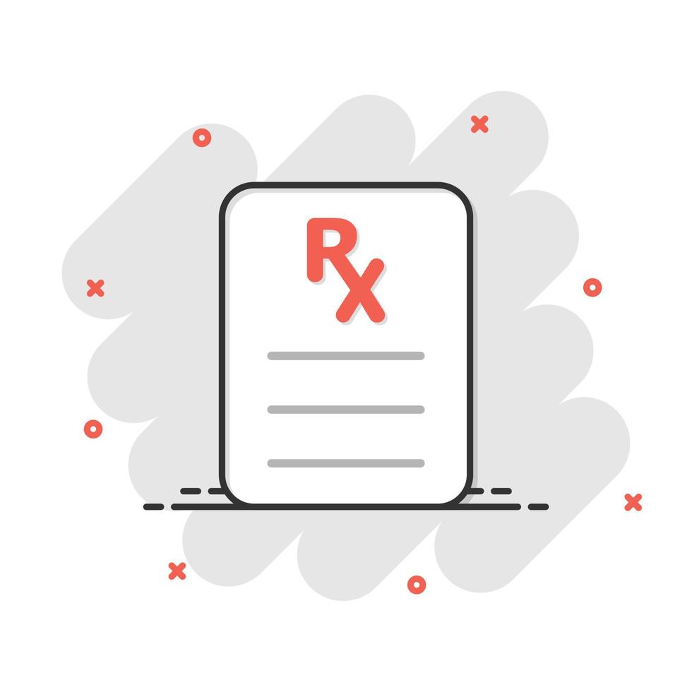 Prescription icon in comic style. Rx document cartoon vector illustration on white isolated background. Paper splash effect business concept.