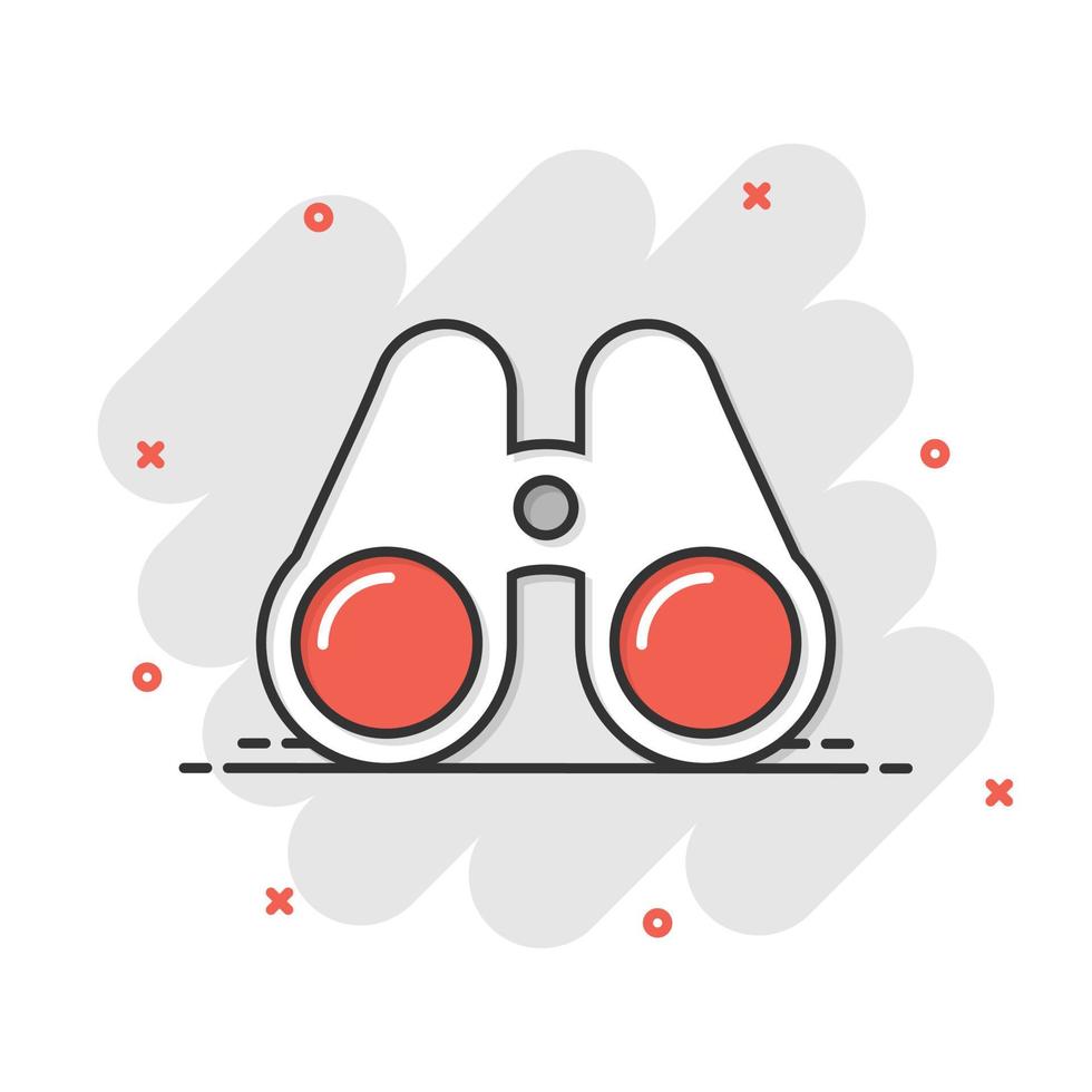 Binocular icon in comic style. Search cartoon vector illustration on white isolated background. Zoom splash effect business concept.