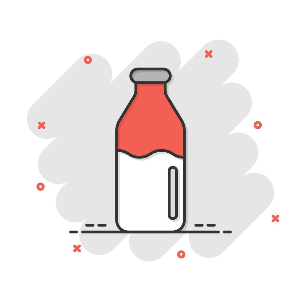 Bottle milk icon in comic style. Flask cartoon vector illustration on white isolated background. Drink container splash effect business concept.