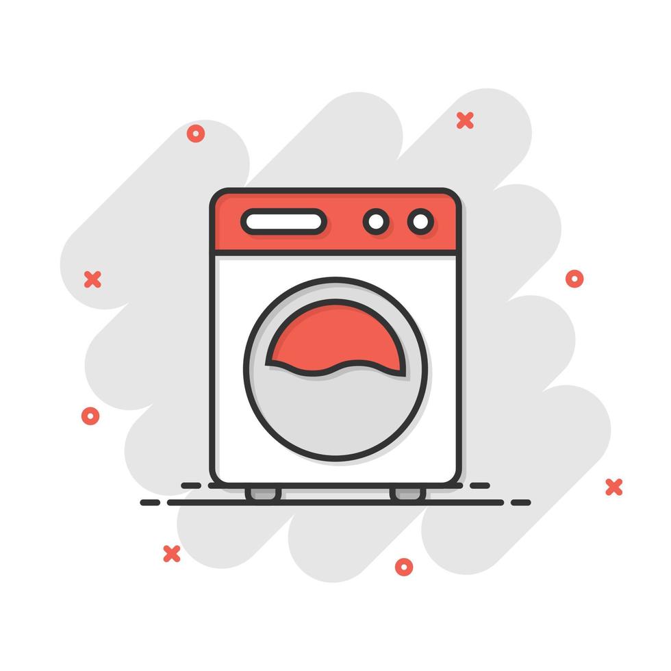 Washing machine icon in comic style. Washer cartoon vector illustration on white isolated background. Laundry splash effect business concept.