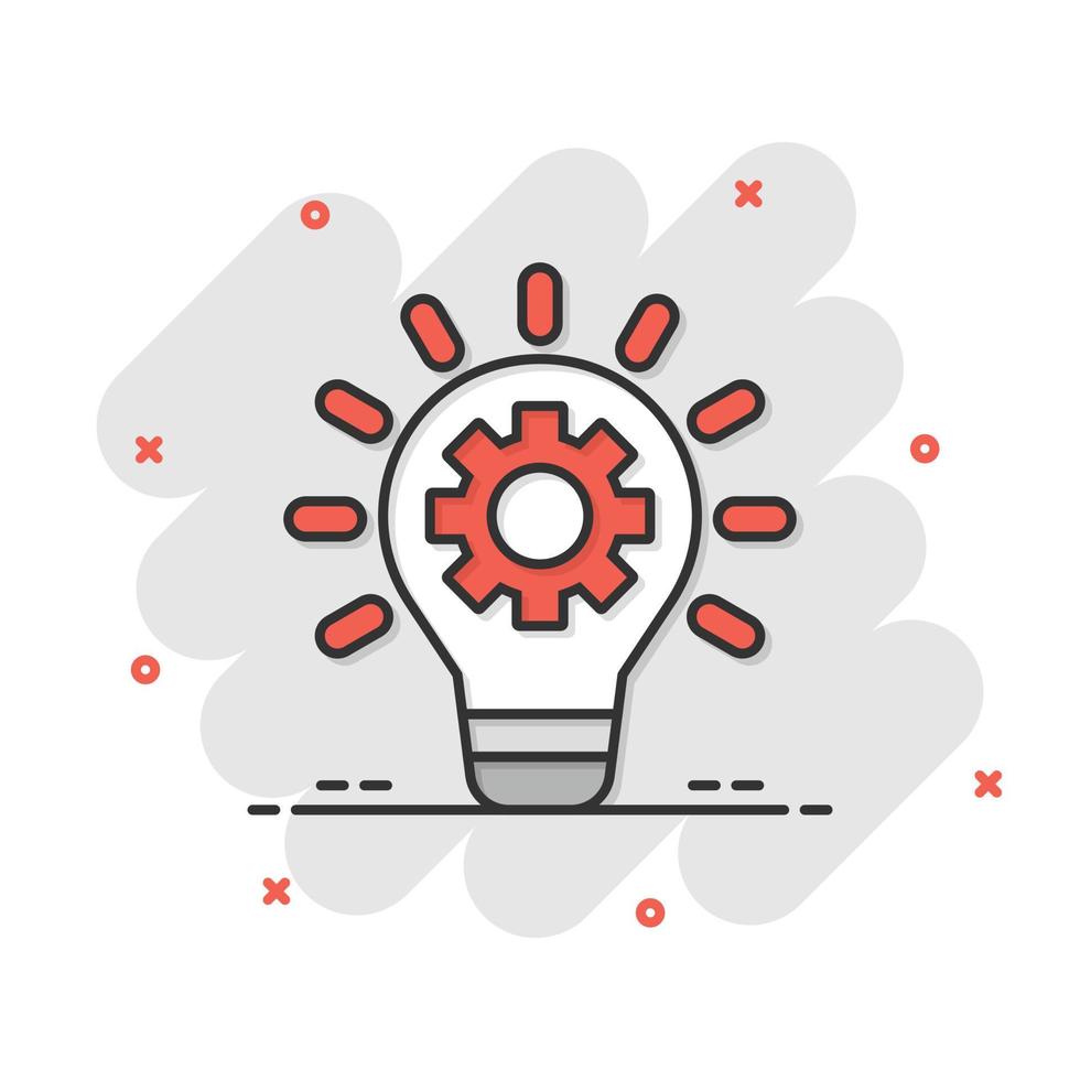 Innovation icon in comic style. Lightbulb with cogwheel cartoon vector illustration on white isolated background. Idea splash effect business concept.