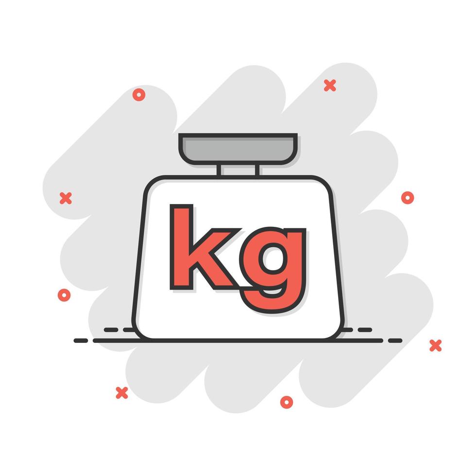 Scale icon in comic style. Kilogram dumbbell cartoon vector illustration on white isolated background. Gym splash effect business concept.