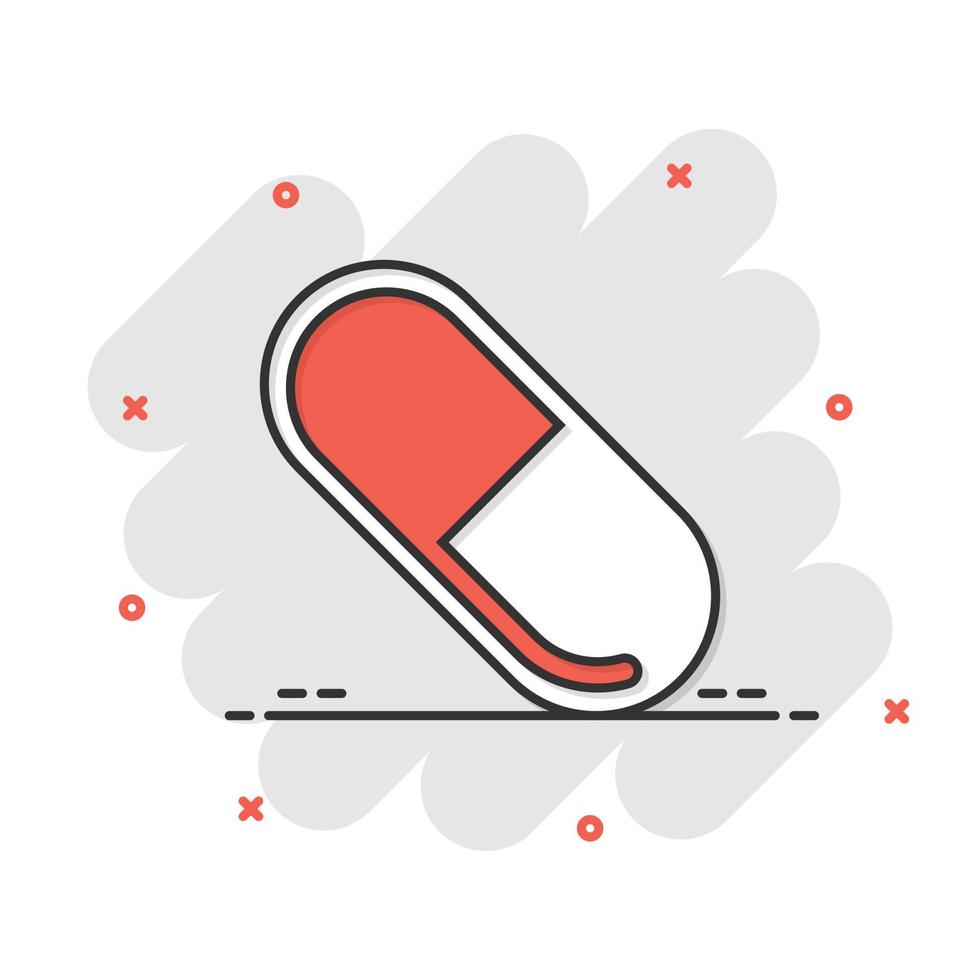 Pill capsule icon in comic style. Drugs cartoon vector illustration on white isolated background. Pharmacy splash effect business concept.