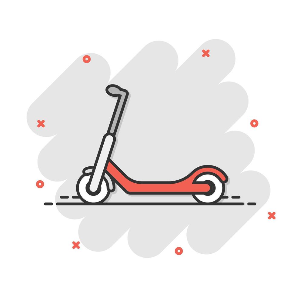 icono de scooter eléctrico en estilo cómico. ilustración de vector de dibujos animados de bicicleta sobre fondo blanco aislado. concepto de negocio de efecto de salpicadura de transporte.