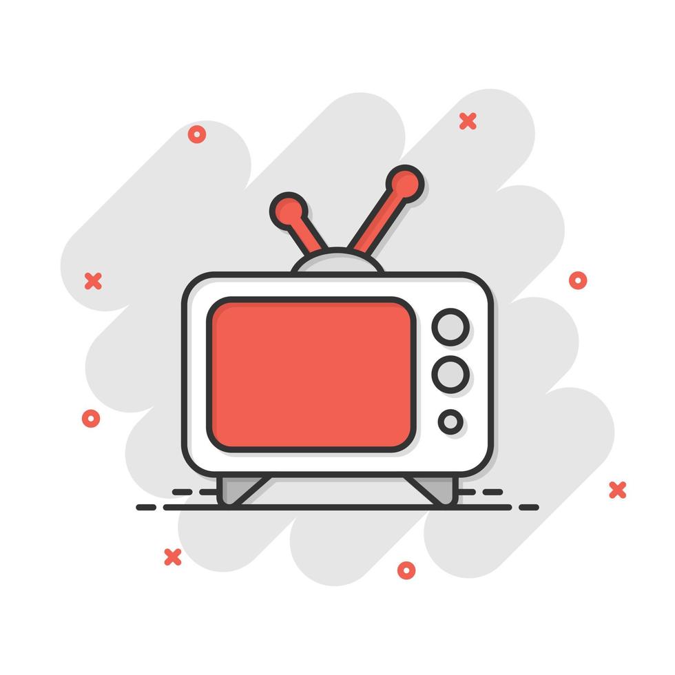 icono de tv en estilo cómico. ilustración de vector de signo de dibujos animados de televisión sobre fondo blanco aislado. concepto de negocio de efecto de salpicadura de canal de video.