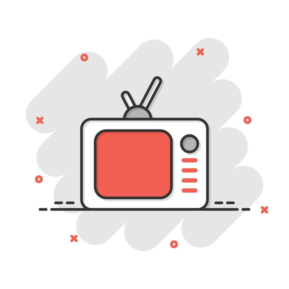 icono de tv en estilo cómico. ilustración de vector de signo de dibujos animados de televisión sobre fondo blanco aislado. concepto de negocio de efecto de salpicadura de canal de video.