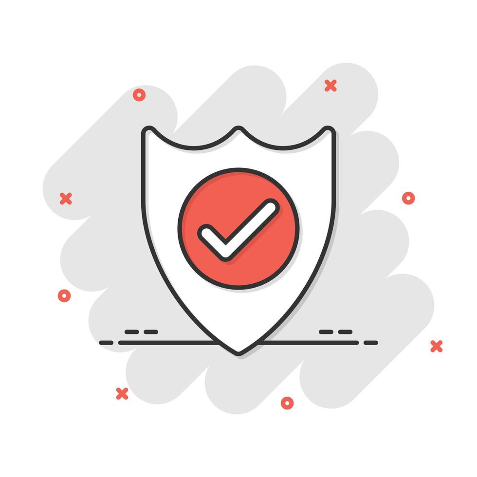Shield with check mark icon in comic style. Protect cartoon vector illustration on white isolated background. Checkmark guard splash effect business concept.