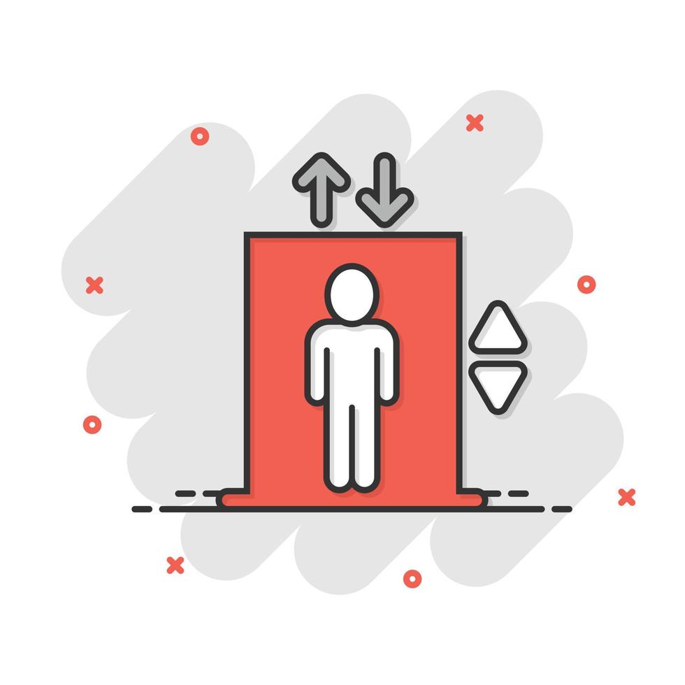 Elevator icon in comic style. Lift cartoon vector illustration on white isolated background. Passenger transportation splash effect business concept.