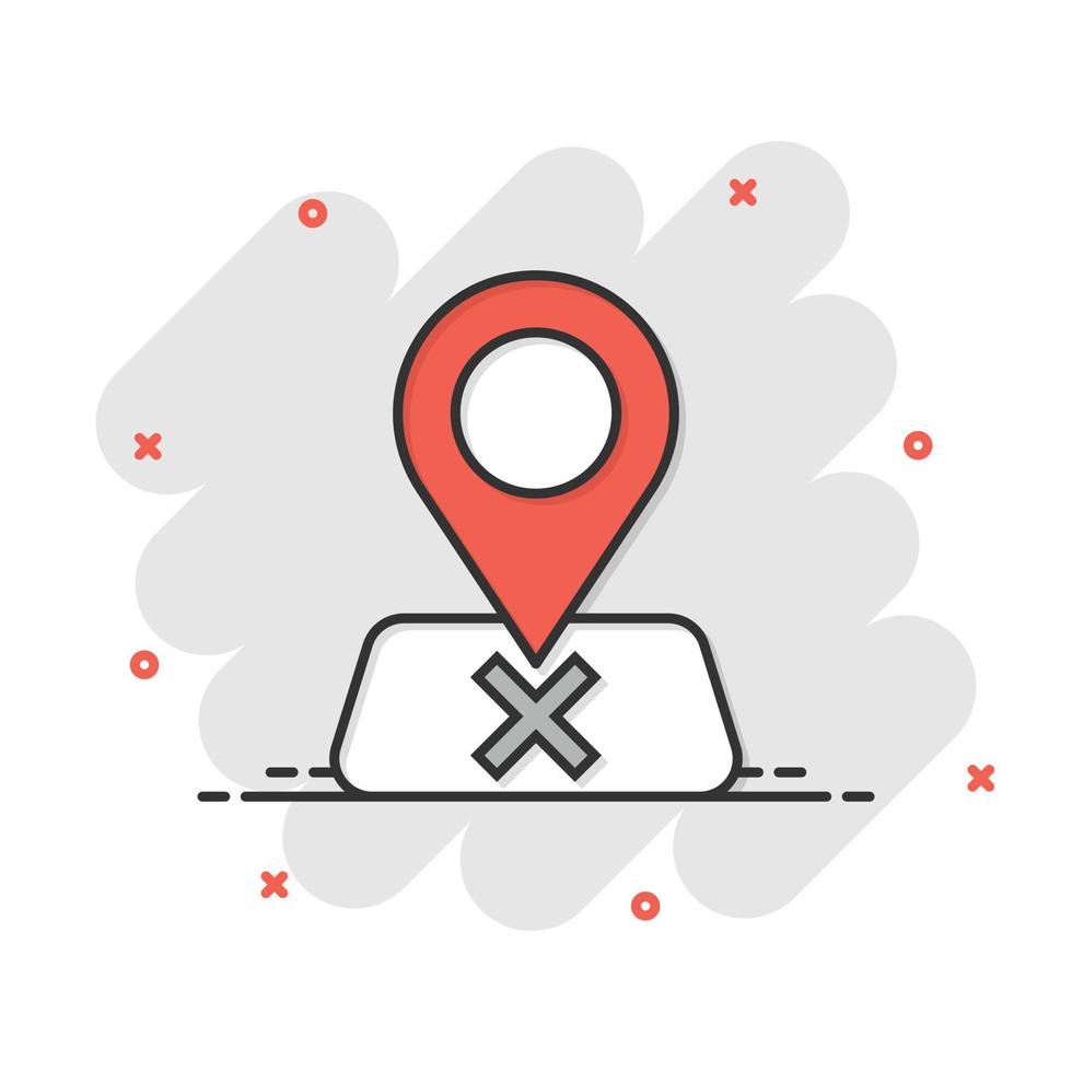 Map pin icon in comic style. GPS navigation cartoon vector illustration on white isolated background. Locate position splash effect business concept.