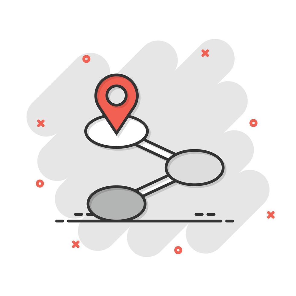 Map pin icon in comic style. Gps navigation cartoon vector illustration on white isolated background. Locate position splash effect business concept.