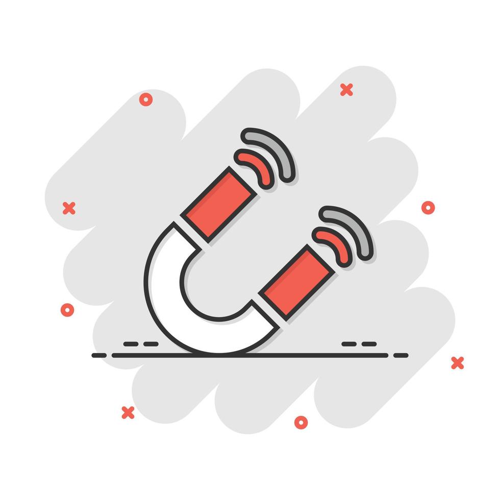 Magnet icon in comic style. Attract cartoon vector illustration on white isolated background. Electromagnetic splash effect business concept.