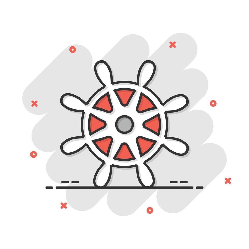 Helm wheel icon in comic style. Navigate steer cartoon vector illustration on white isolated background. Ship drive splash effect business concept.