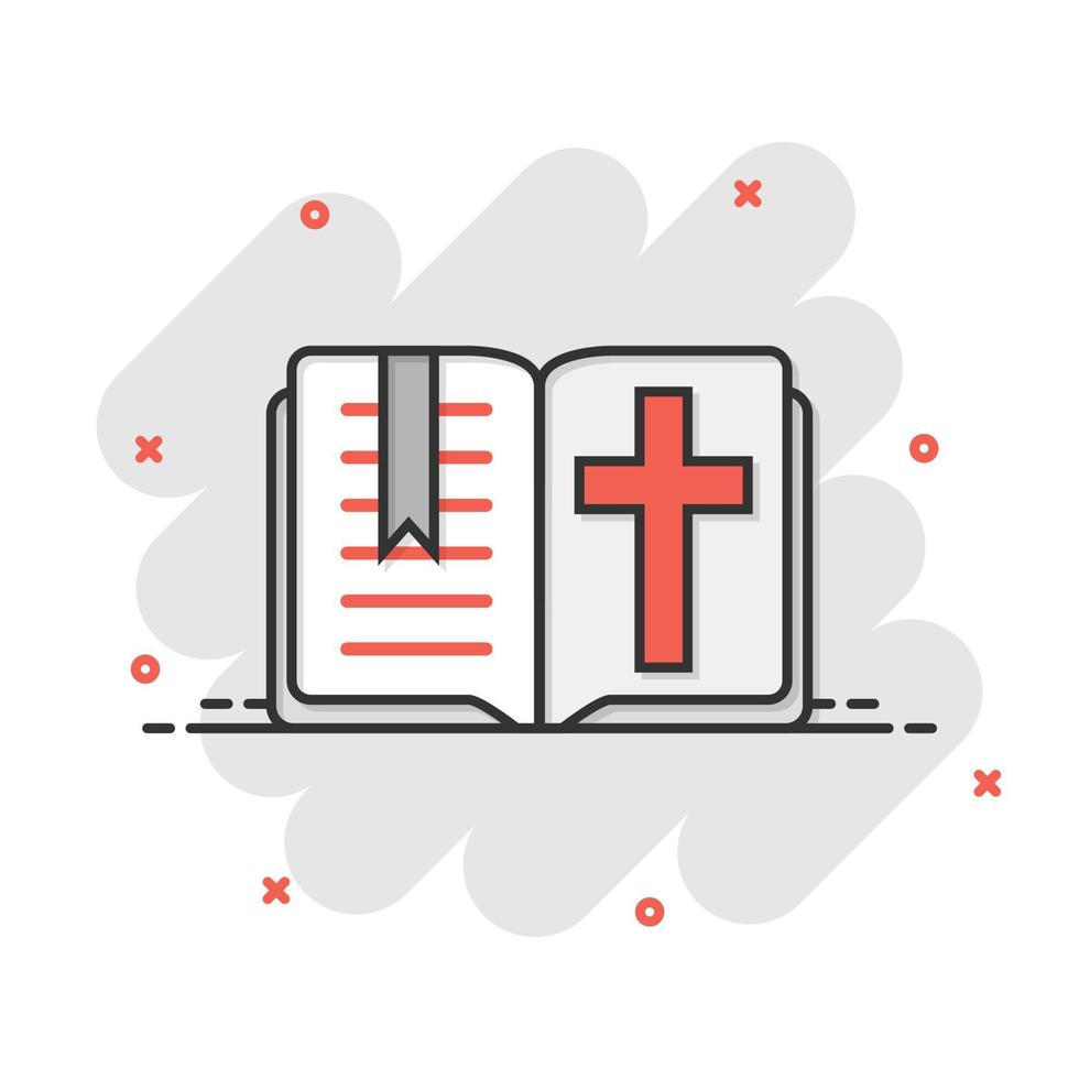 Bible book icon in comic style. Church faith cartoon vector illustration on white isolated background. Spirituality splash effect business concept.