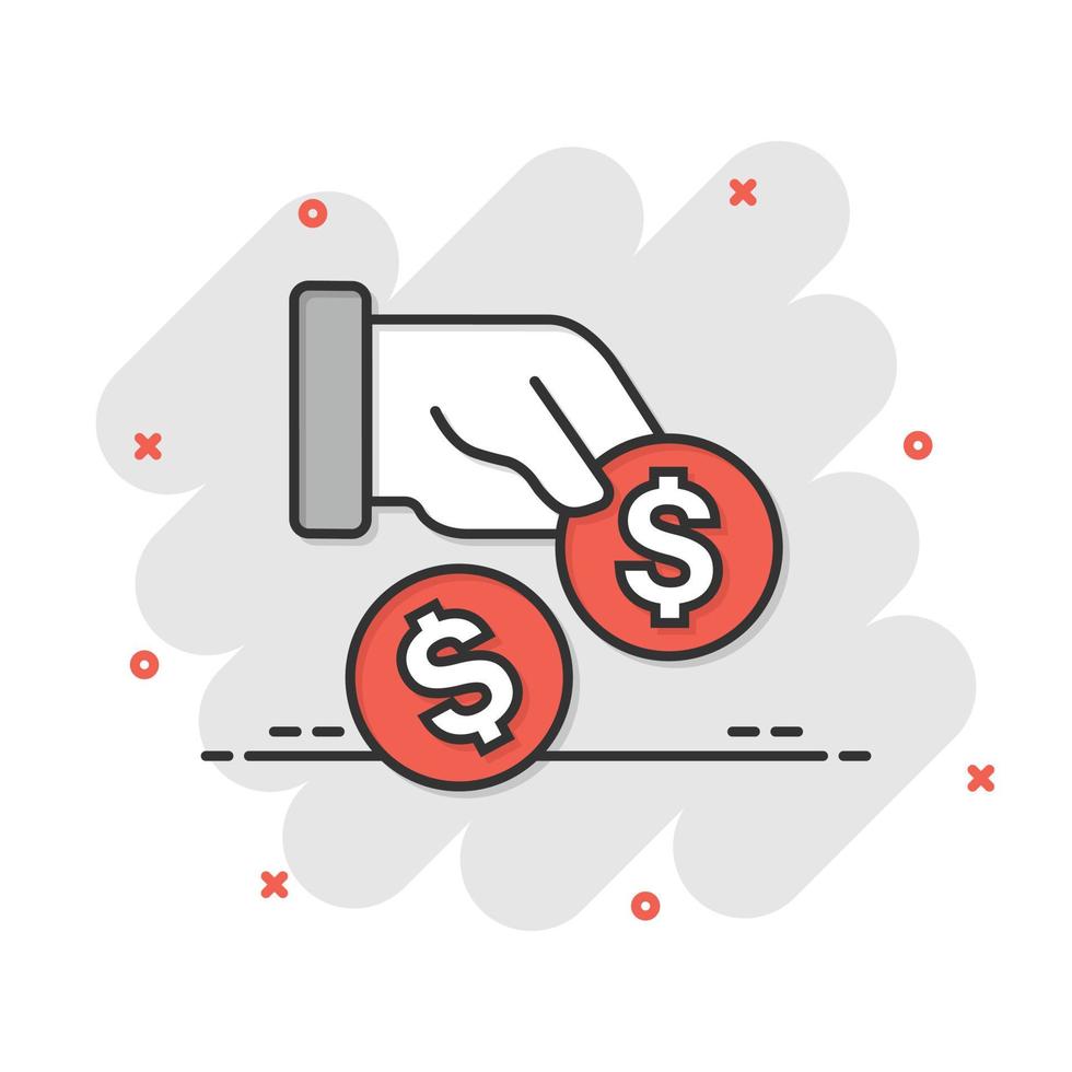 Remuneration icon in comic style. Money in hand cartoon vector illustration on white isolated background. Coin payroll splash effect business concept.
