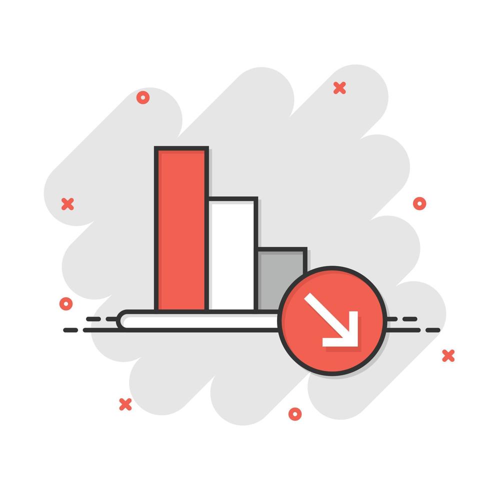 icono de tendencia del mercado en estilo cómico. Flecha de declive con ilustración de vector de dibujos animados de lupa sobre fondo blanco aislado. disminuir el concepto de negocio de efecto de salpicadura.