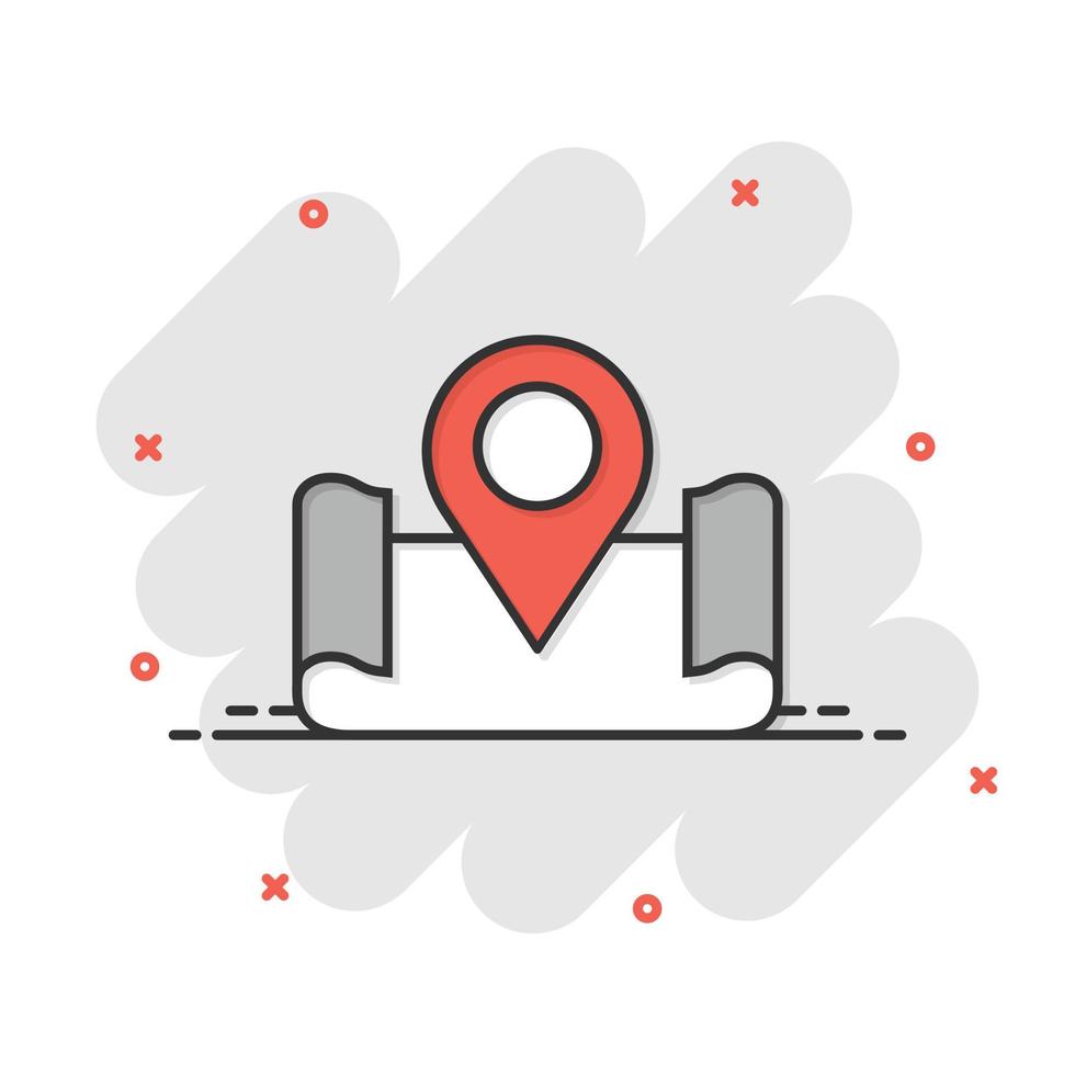 Map pin icon in comic style. GPS navigation cartoon vector illustration on white isolated background. Locate position splash effect business concept.