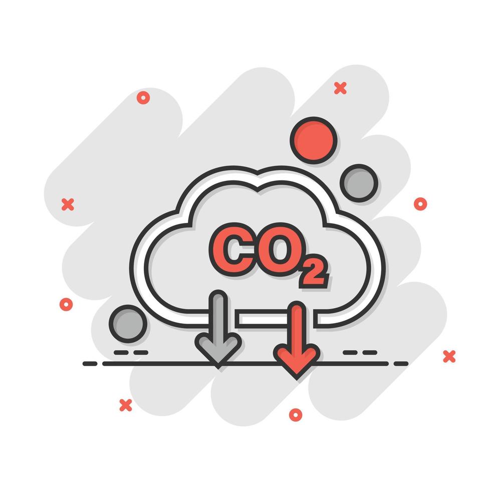 icono de co2 en estilo cómico. ilustración de vector de dibujos animados de emisión sobre fondo blanco aislado. concepto de negocio de efecto de salpicadura de reducción de gas.