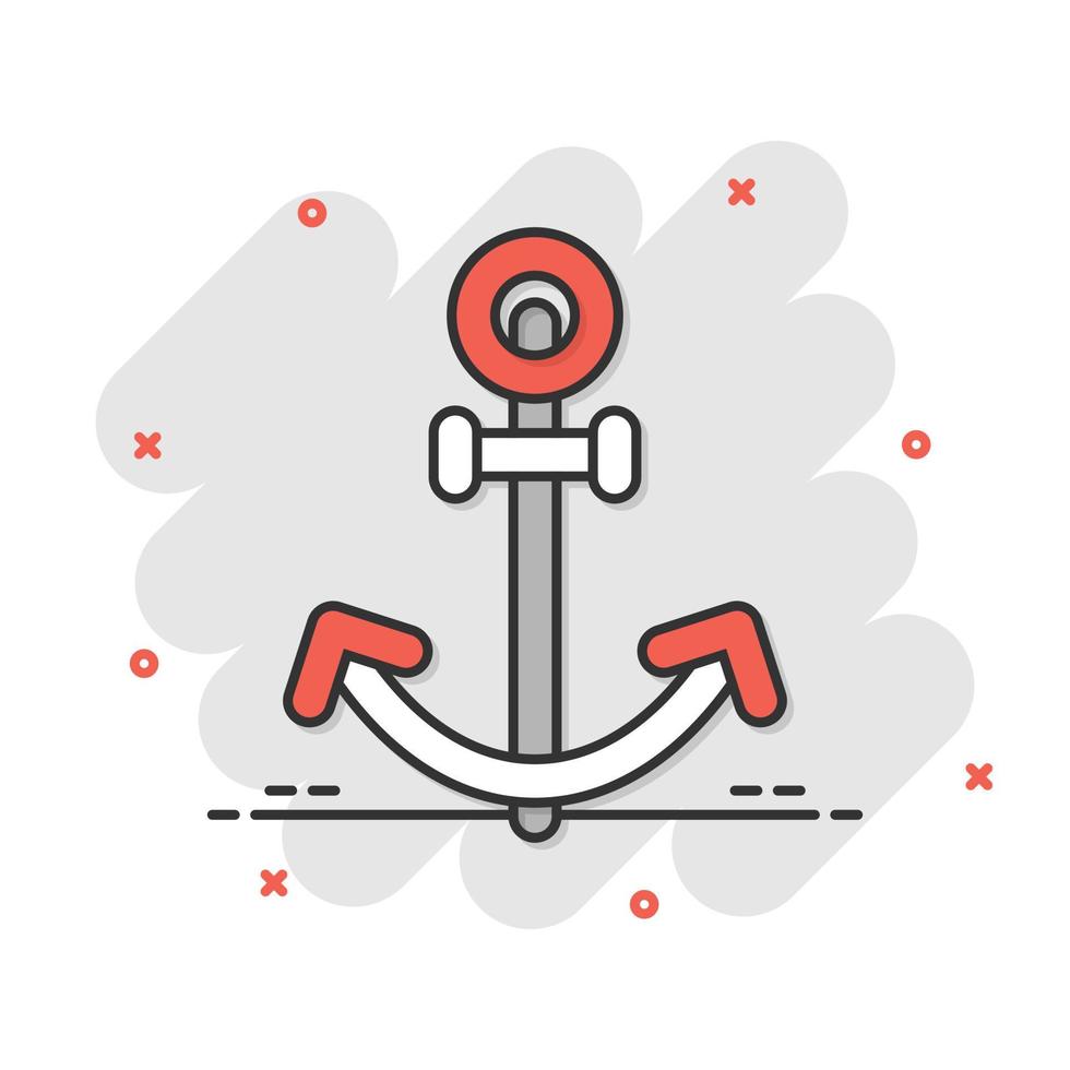 Boat anchor icon in comic style. Vessel hook cartoon vector illustration on white isolated background. Ship equipment splash effect business concept.