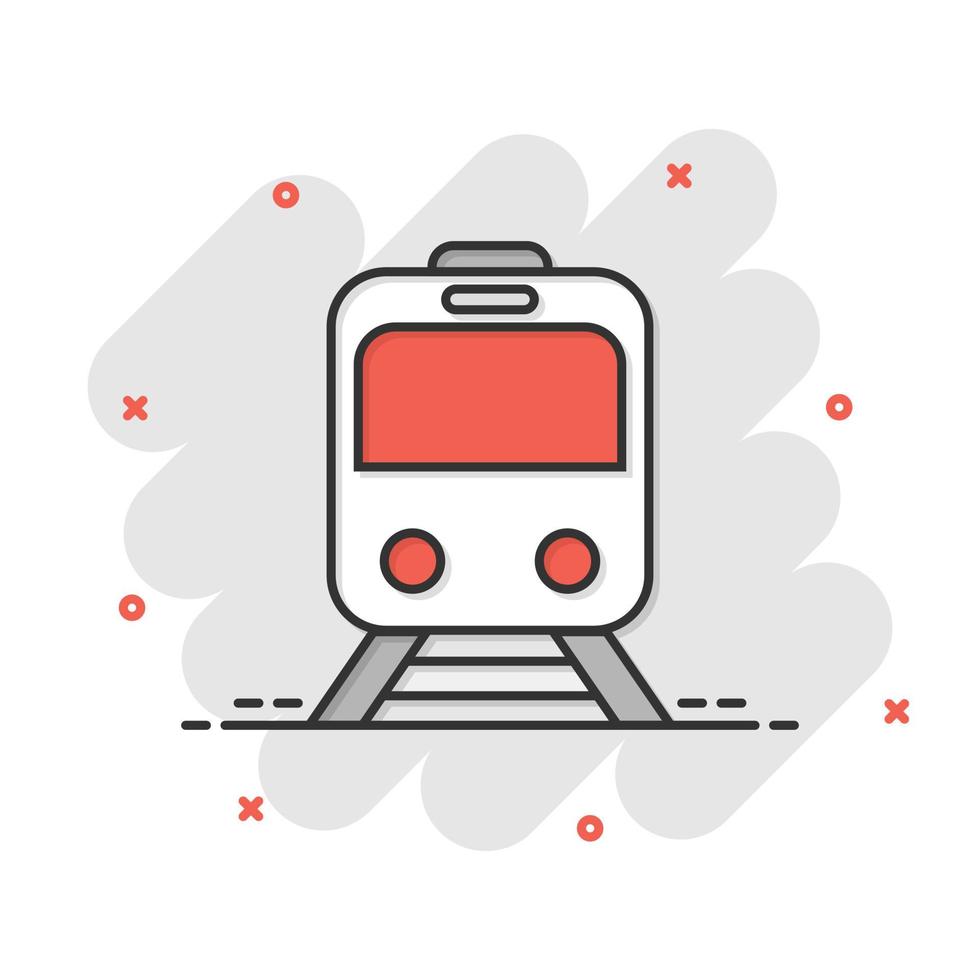 Metro icon in comic style. Train subway cartoon vector illustration on white isolated background. Railroad cargo splash effect business concept.